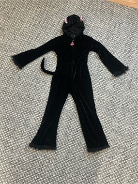 Kids Black Cat Hooded Jumpsuit Costume with Pink Ear Accents